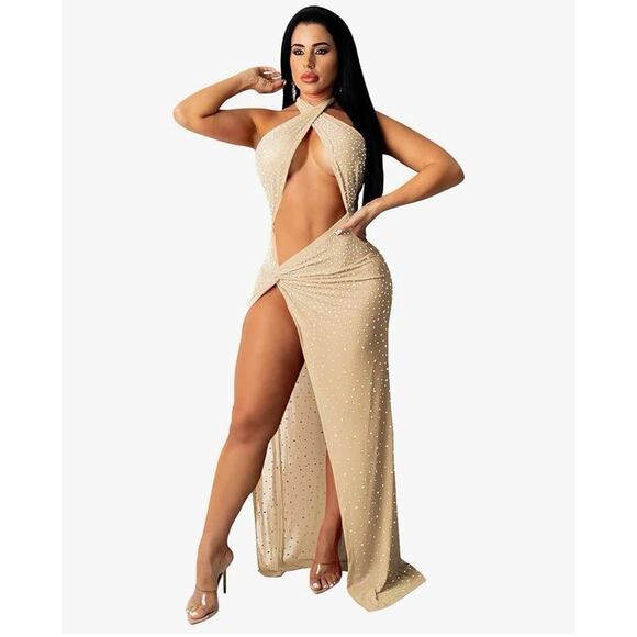 🦋B2G1🦋WESTERN FASHION Hanging Neck Rhinestone Mesh Open Belly Sexy Split Dress - Picture 1 of 5